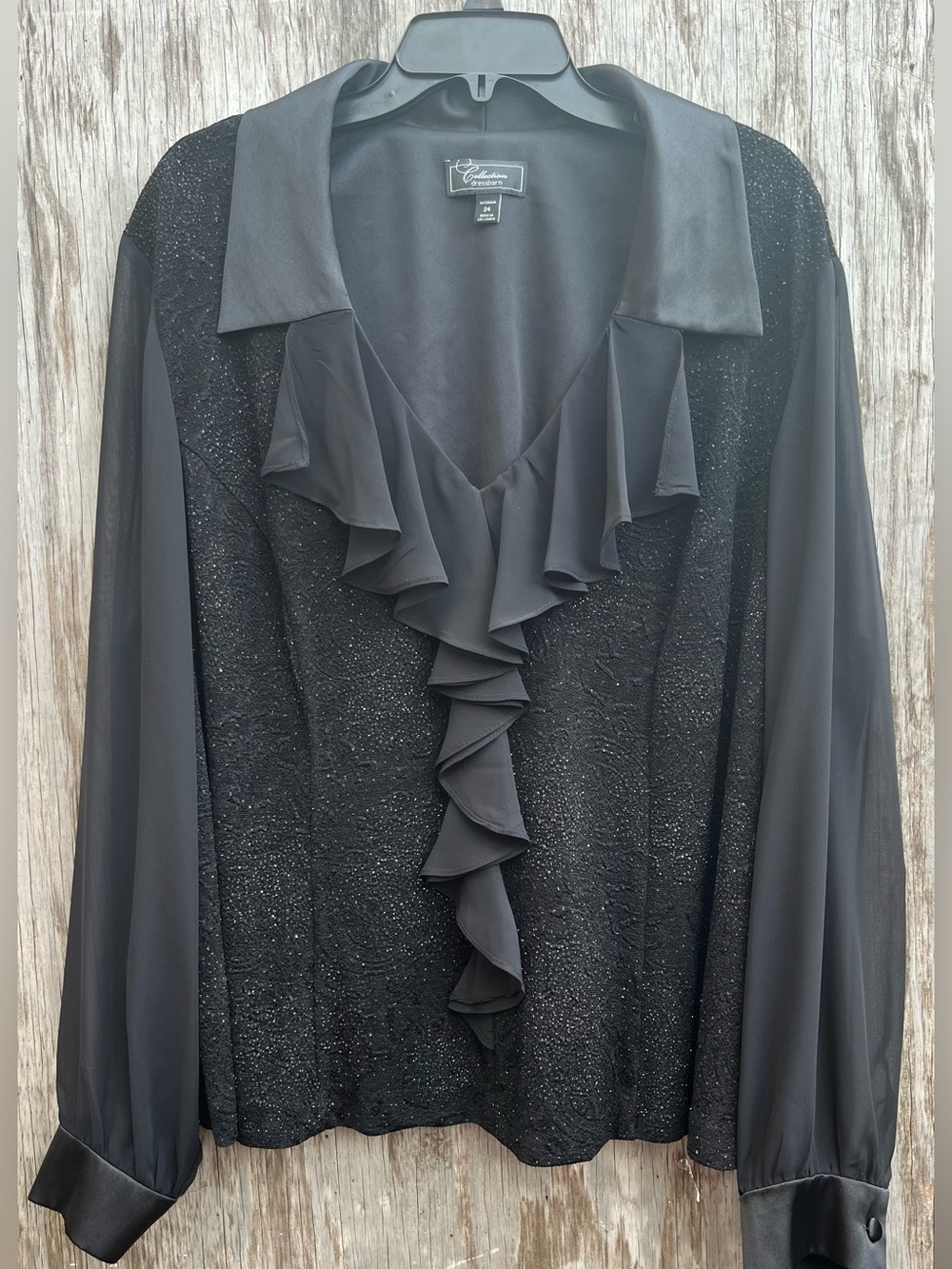 DRESSBARN Women Blouse 24 Black Dressy Long Sleeve Sparkle Ruffle V-neck Collar